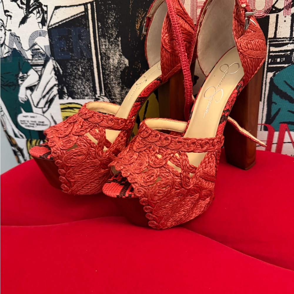 Jessica Simpson Red Lace Platform Heels